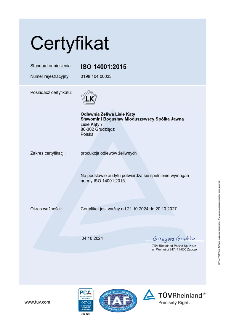 Certyfikat ISO 14001:2015 — zarządzanie środowiskowe