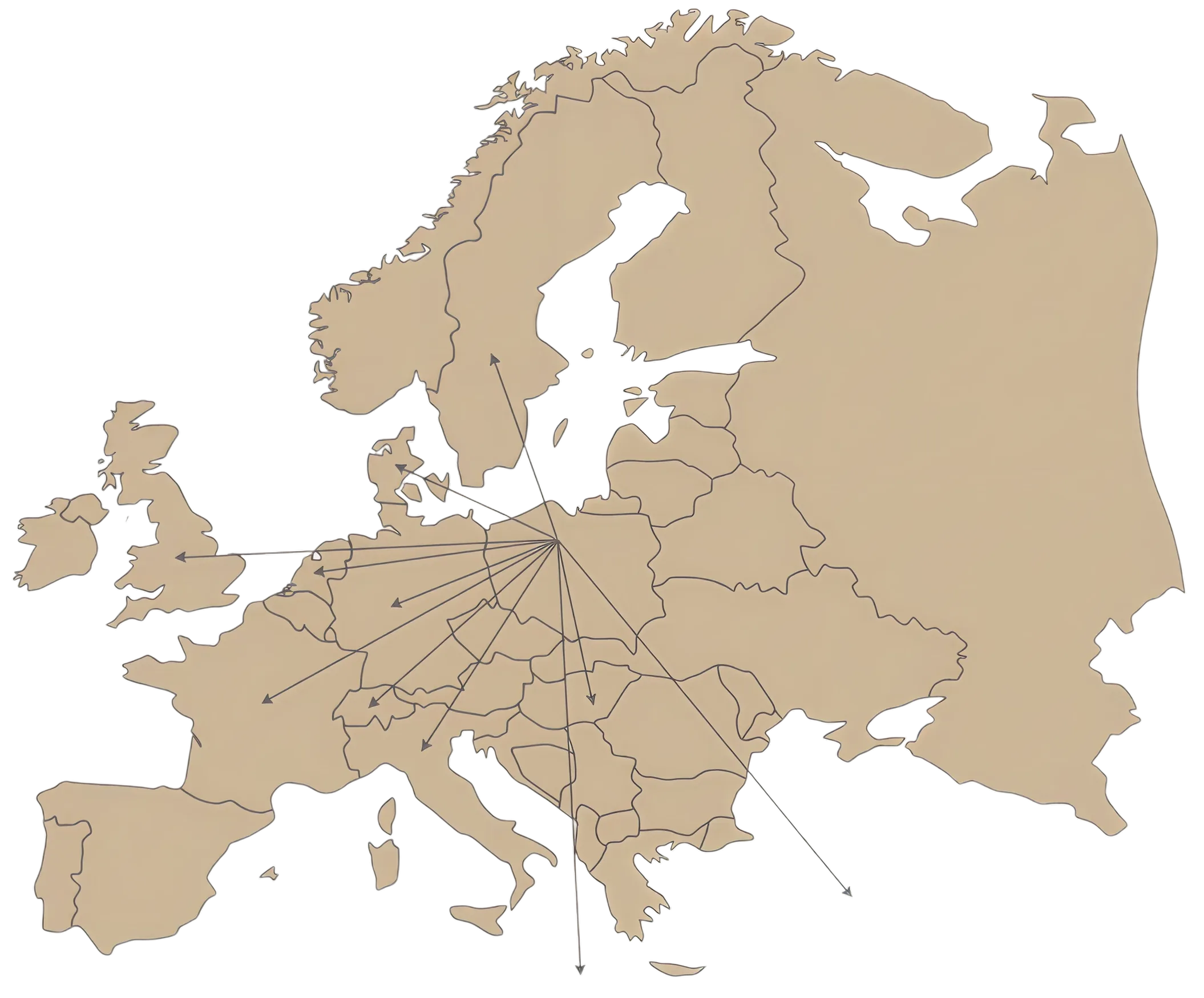 Mapa Europy z zaznaczonymi kierunkami eksportu z Lisich Kątów