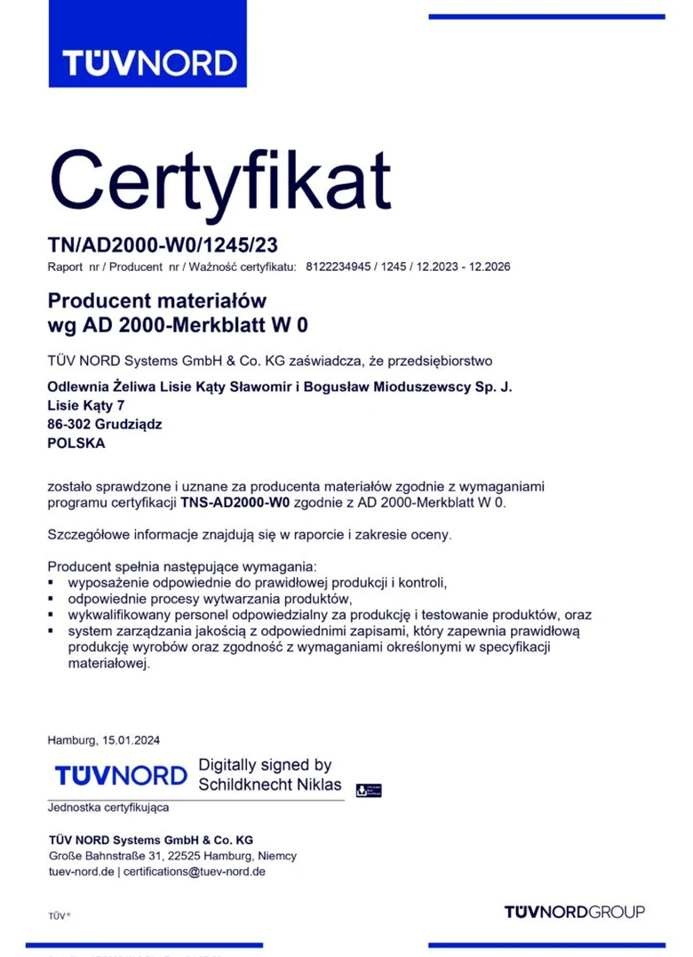 Certyfikat producenta wyrobów ciśnieniowych TÜV NORD